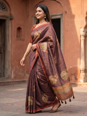 Peachmode Brown Erode Silk Digital Print Saree With Aari Work And Tassels - Image 2