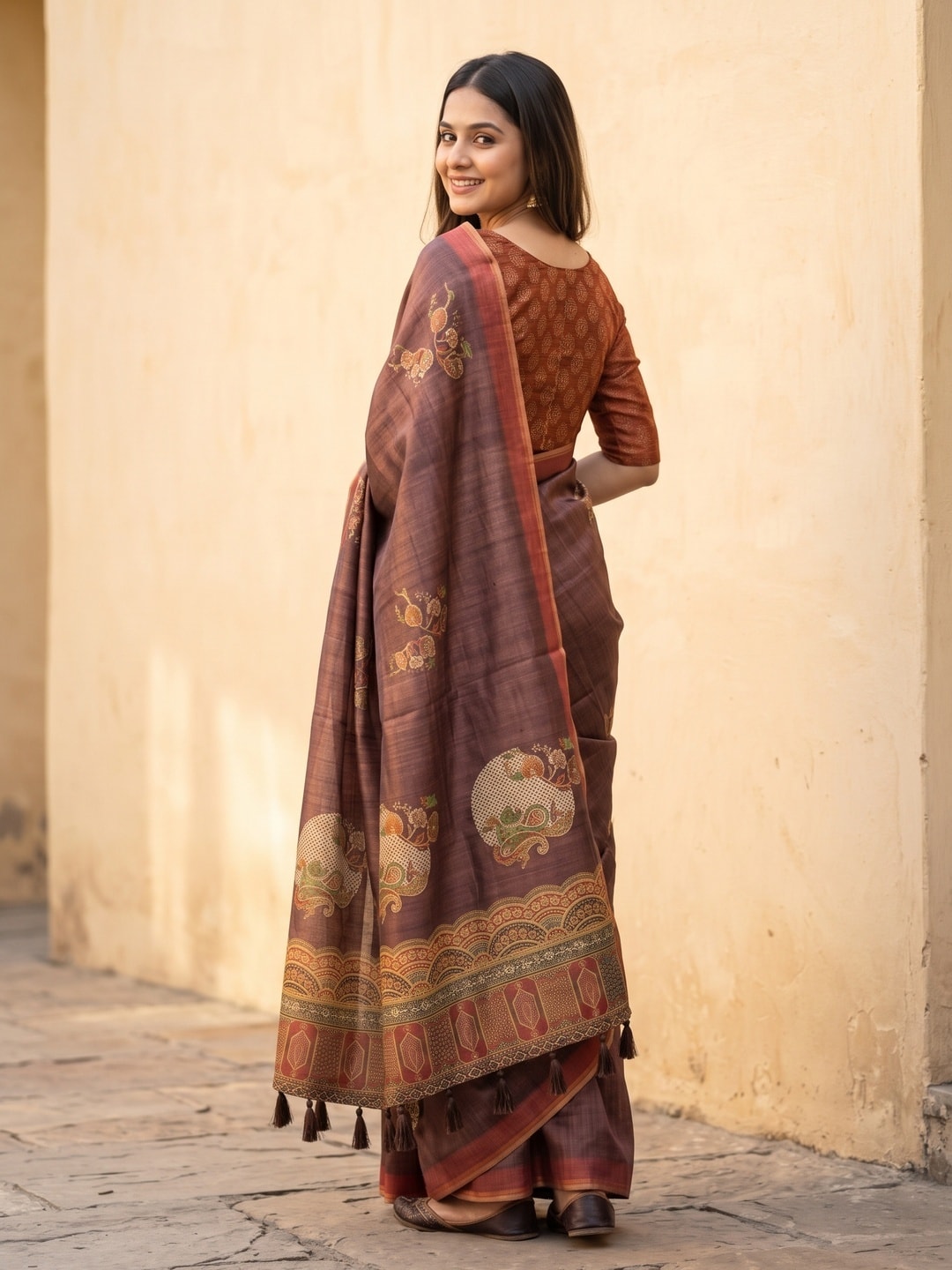 Peachmode Brown Erode Silk Digital Print Saree With Aari Work And Tassels - Image 4