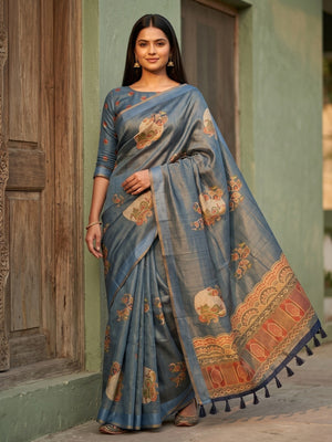 Peachmode Grey Erode Silk Digital Print Saree With Aari Work And Tassels - Image 1