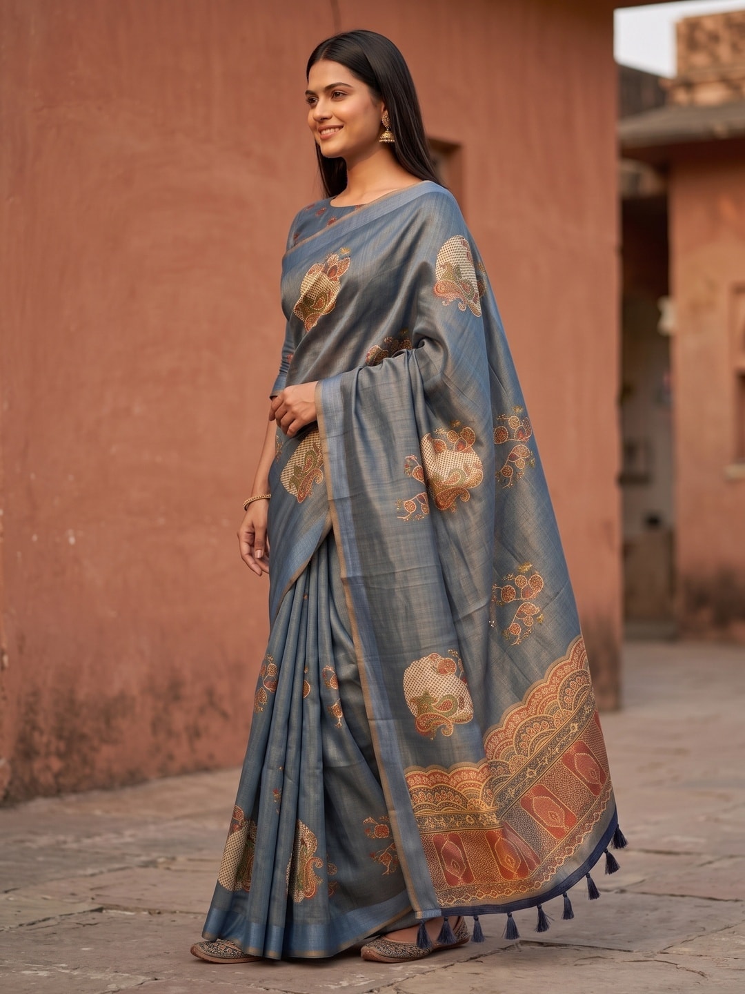 Peachmode Grey Erode Silk Digital Print Saree With Aari Work And Tassels - Image 2