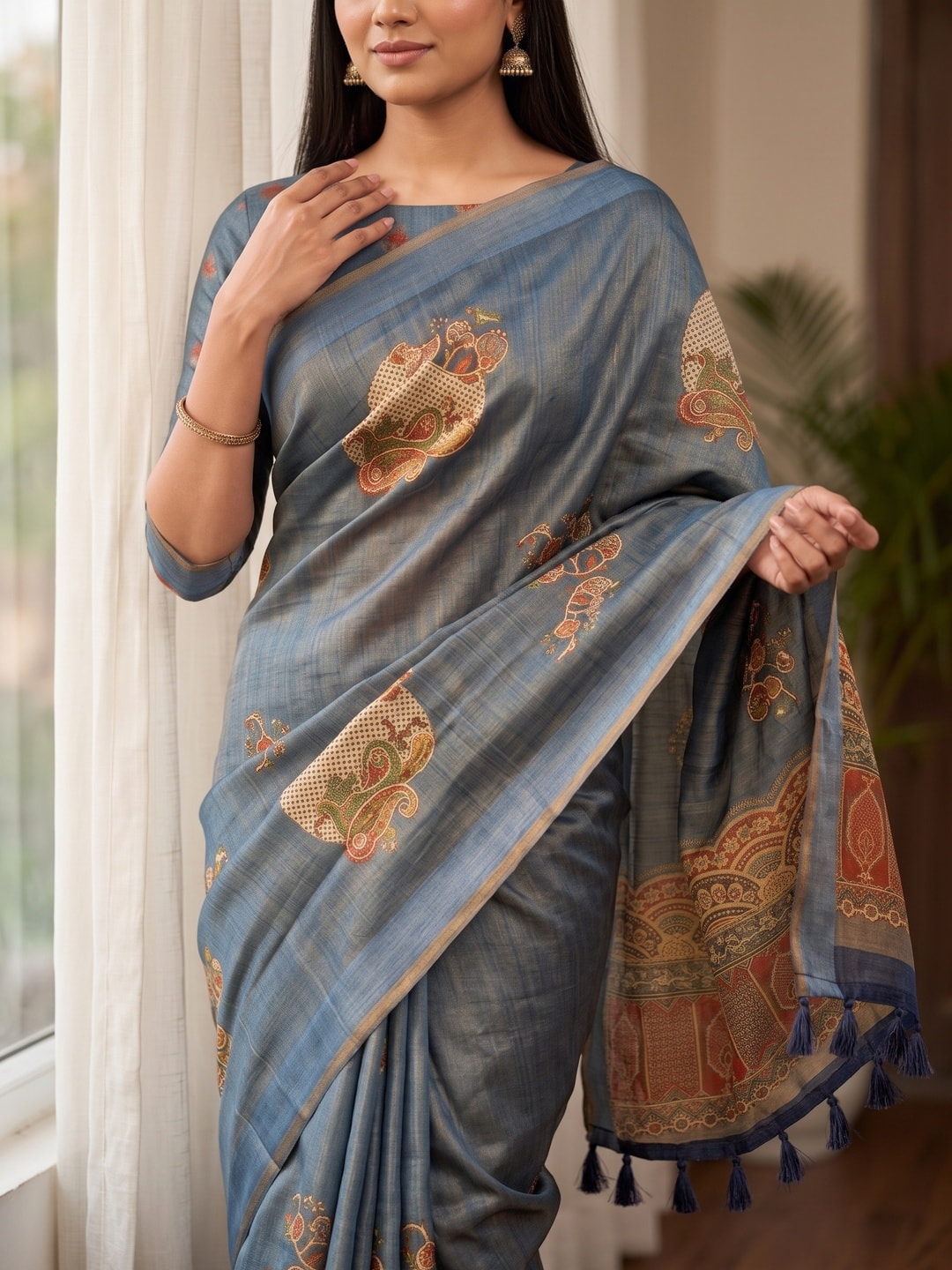 Peachmode Grey Erode Silk Digital Print Saree With Aari Work And Tassels - Image 3