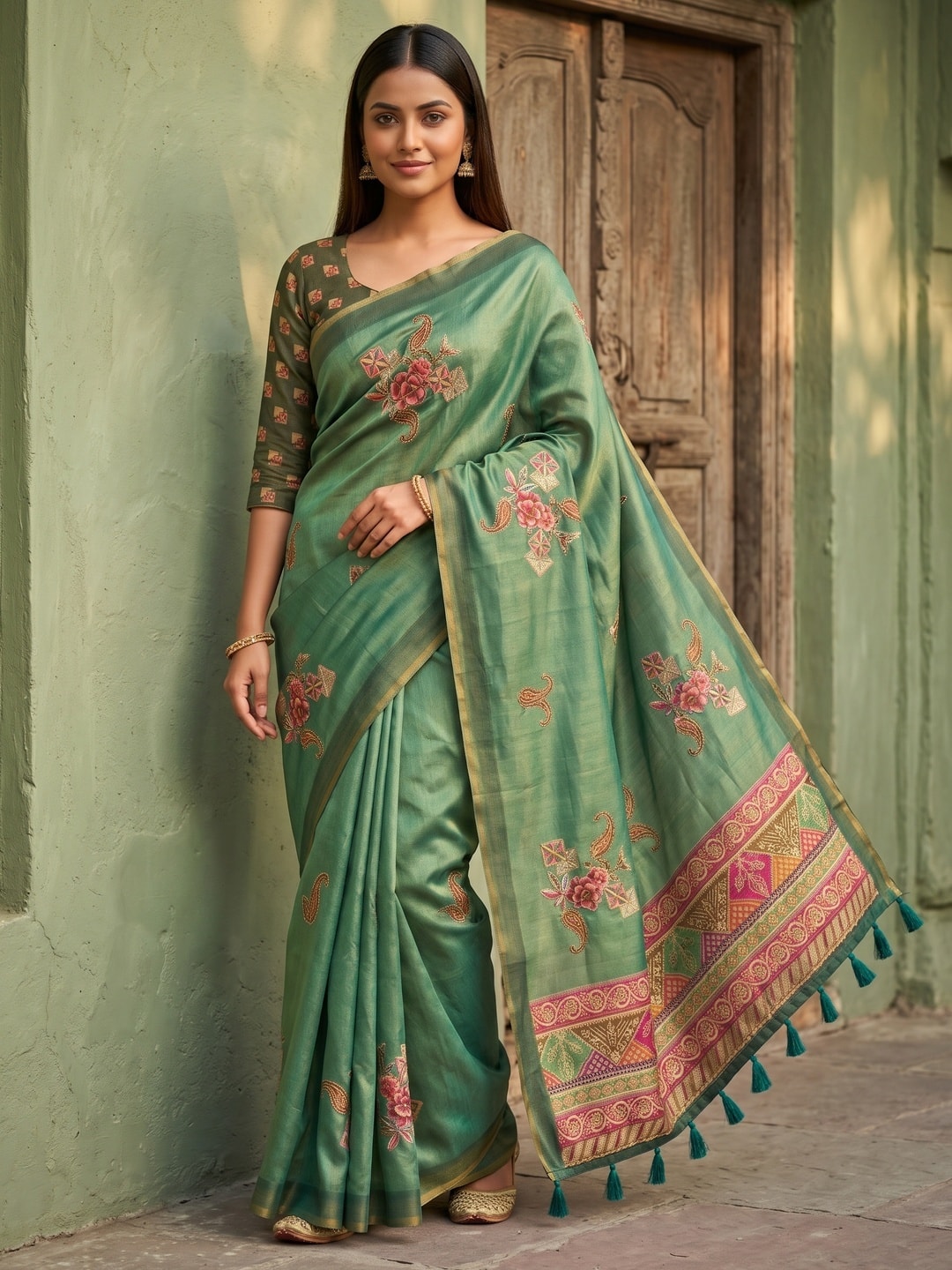 Peachmode Sea Green Erode Silk Digital Print Saree With Aari Work And Tassels - Image 1