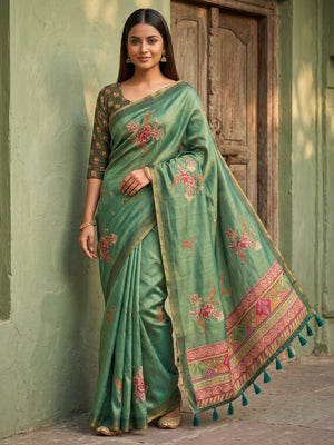 Peachmode Sea Green Erode Silk Digital Print Saree With Aari Work And Tassels - Image 1