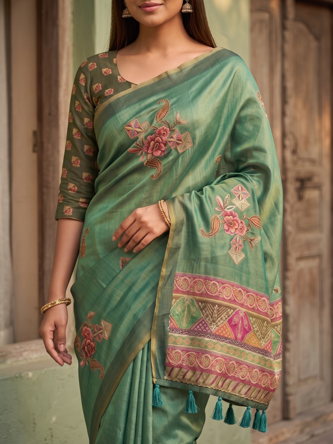 Peachmode Sea Green Erode Silk Digital Print Saree With Aari Work And Tassels - Image 3