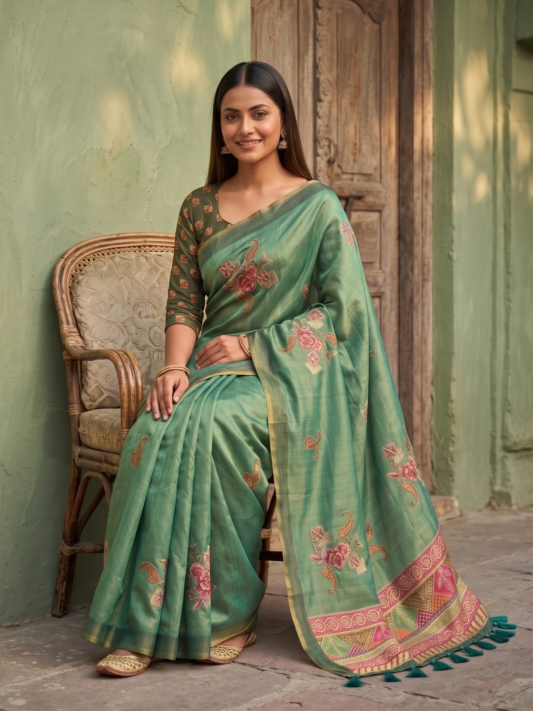 Peachmode Sea Green Erode Silk Digital Print Saree With Aari Work And Tassels - Image 5