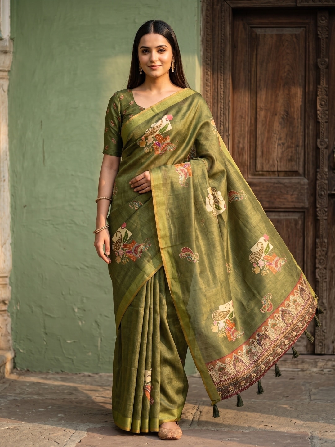 Peachmode Olive Erode Silk Digital Print Saree With Aari Work And Tassels - Image 1