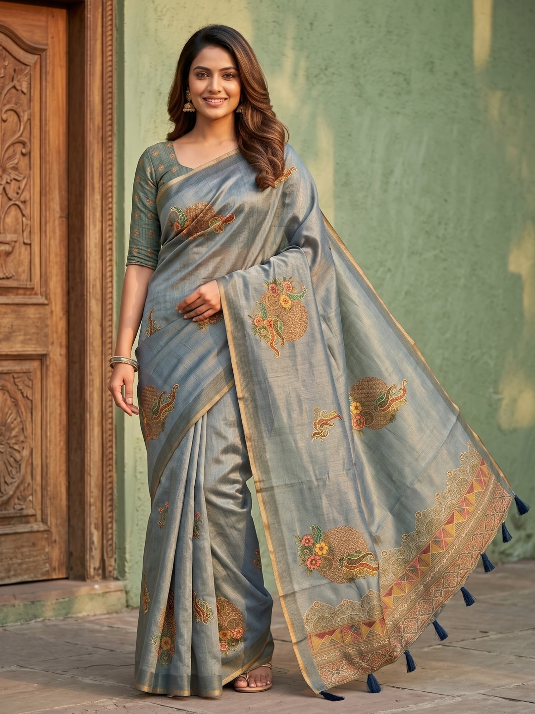Peachmode Grey Erode Silk Digital Print Saree With Aari Work And Tassels - Image 1