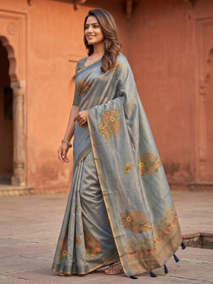 Peachmode Grey Erode Silk Digital Print Saree With Aari Work And Tassels - Image 2