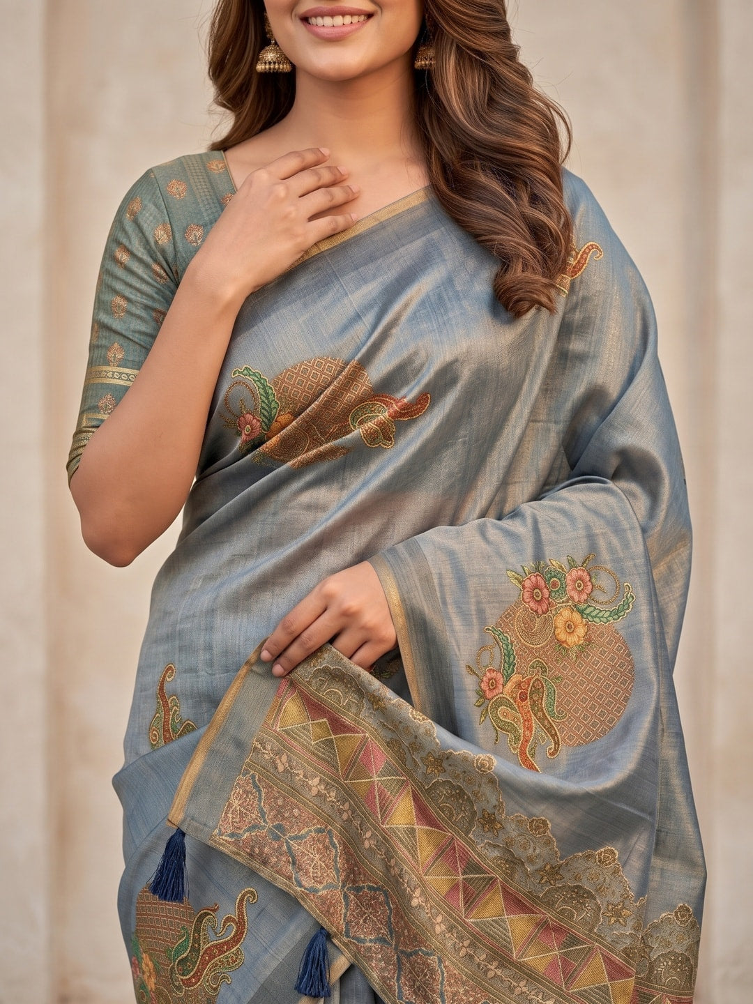 Peachmode Grey Erode Silk Digital Print Saree With Aari Work And Tassels - Image 3