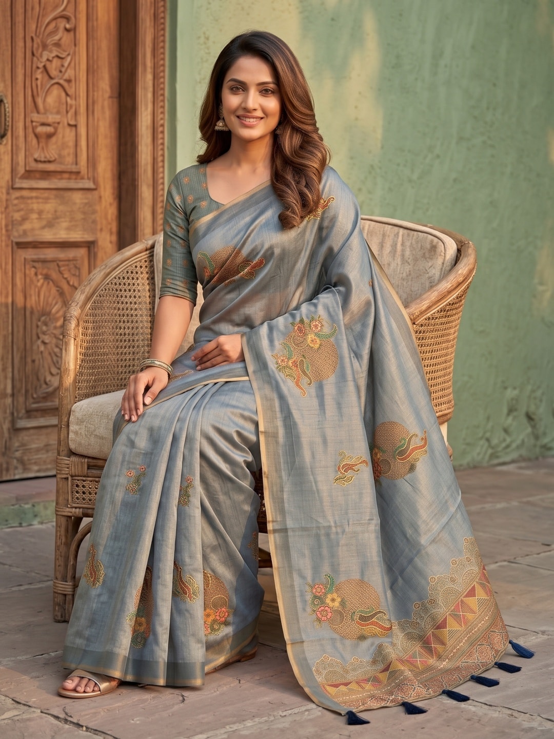 Peachmode Grey Erode Silk Digital Print Saree With Aari Work And Tassels - Image 5