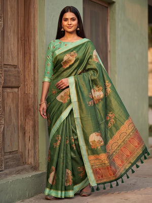 Peachmode Green Floral Patch Erode Silk Digital Print Saree With Aari Work And Tassels - Image 1