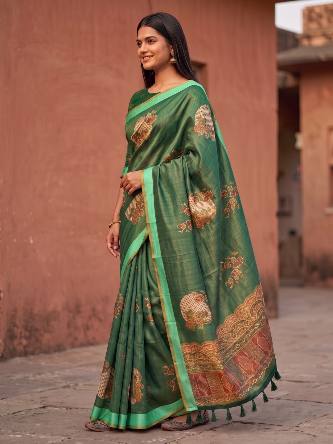 Peachmode Green Floral Patch Erode Silk Digital Print Saree With Aari Work And Tassels - Image 2