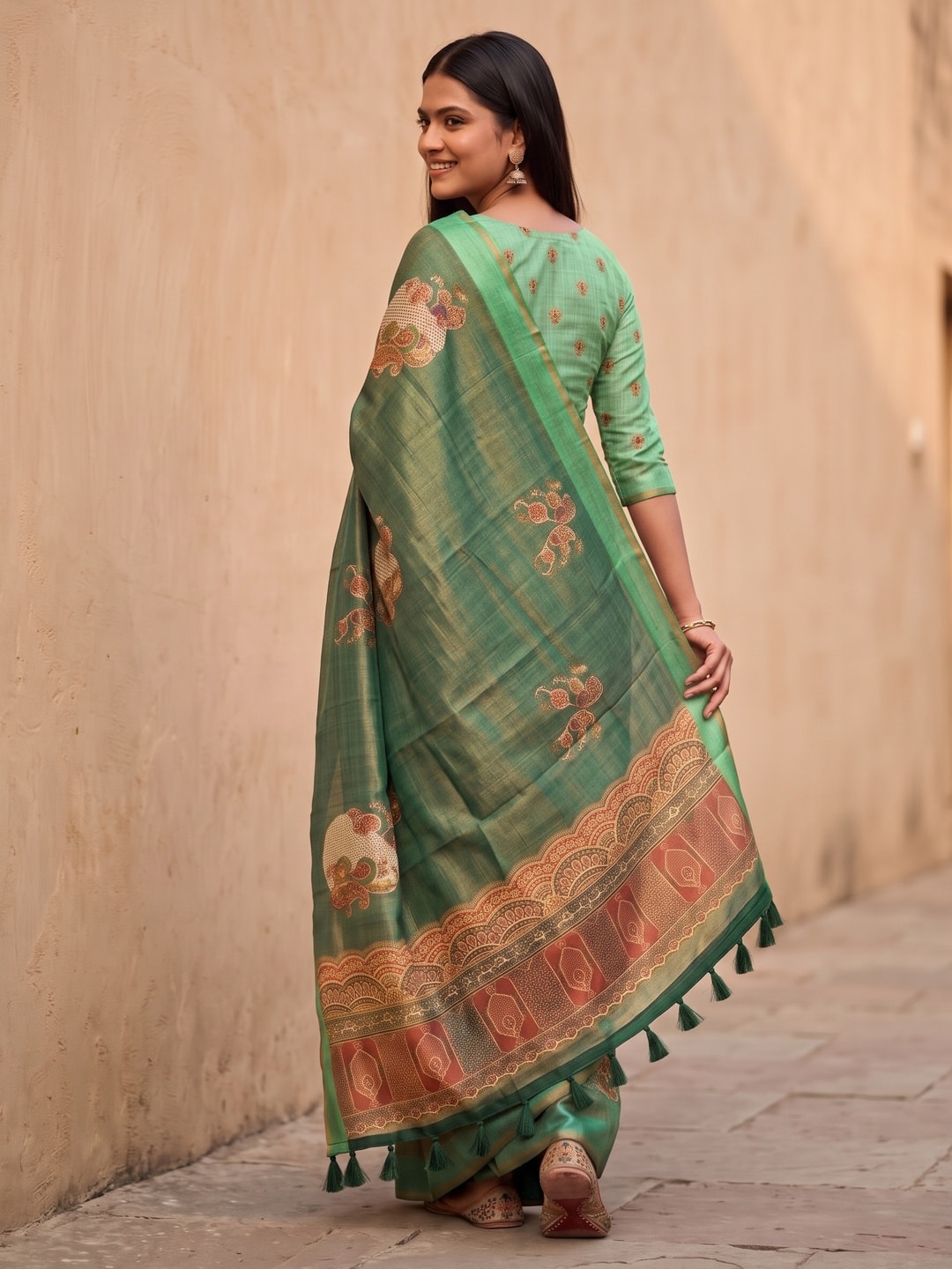 Peachmode Green Floral Patch Erode Silk Digital Print Saree With Aari Work And Tassels - Image 4