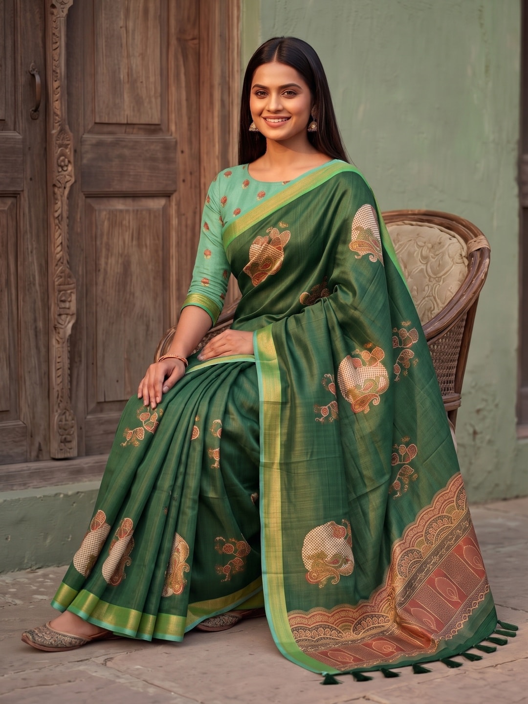 Peachmode Green Floral Patch Erode Silk Digital Print Saree With Aari Work And Tassels - Image 5