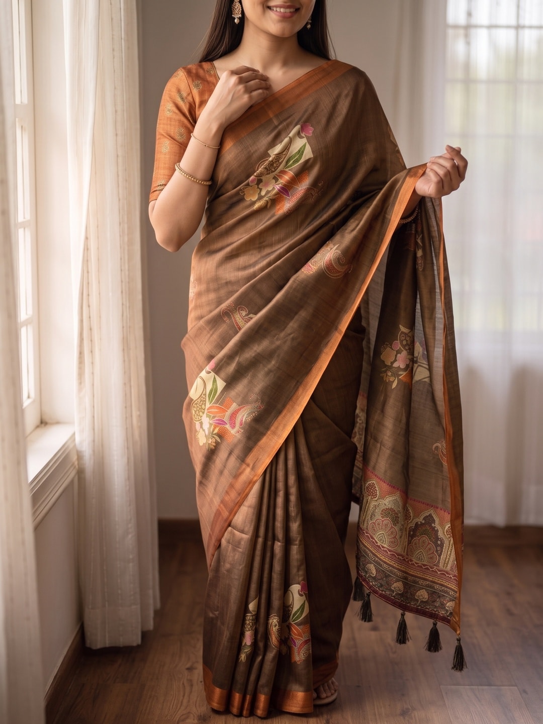 Peachmode Brown Paisley Patch Erode Silk Digital Print Saree With Aari Work And Tassels - Image 3