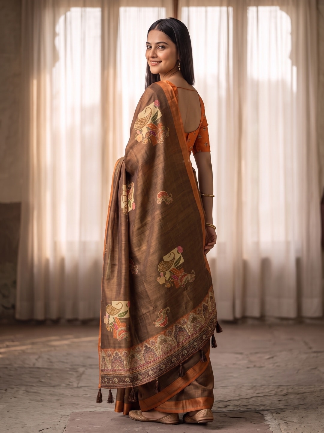 Peachmode Brown Paisley Patch Erode Silk Digital Print Saree With Aari Work And Tassels - Image 4