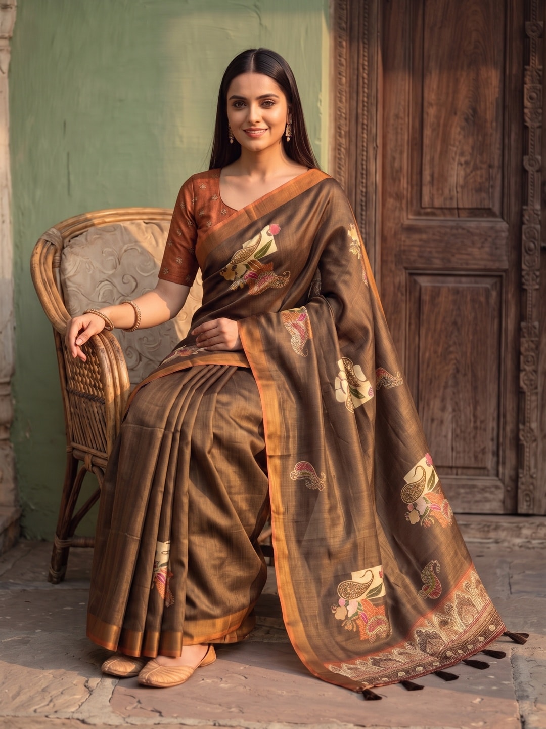 Peachmode Brown Paisley Patch Erode Silk Digital Print Saree With Aari Work And Tassels - Image 5