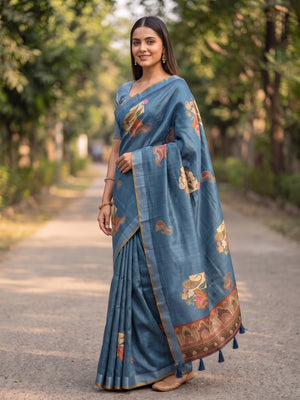 Peachmode Blue Paisley Patch Erode Silk Digital Print Saree With Aari Work And Tassels - Image 2
