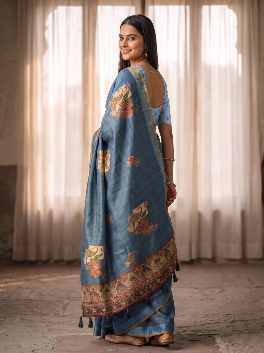 Peachmode Blue Paisley Patch Erode Silk Digital Print Saree With Aari Work And Tassels - Image 4