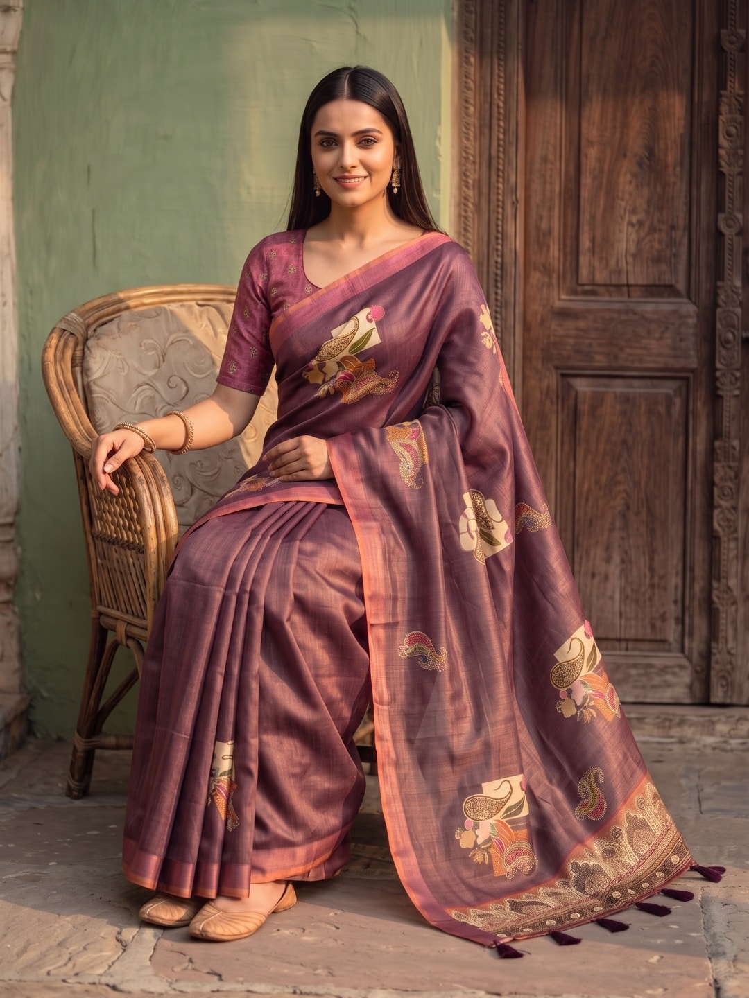 Peachmode Wine Paisley Patch Erode Silk Digital Print Saree With Aari Work And Tassels - Image 5