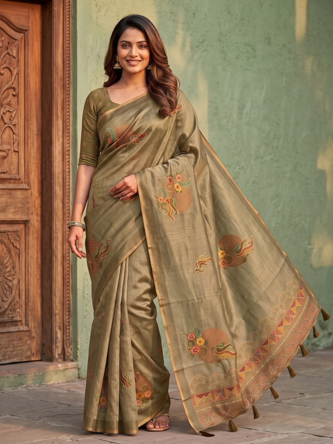Peachmode Khaki Sprig Motif Erode Silk Digital Print Saree With Aari Work And Tassels - Image 1