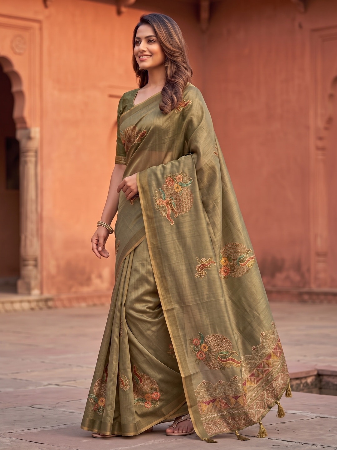 Peachmode Khaki Sprig Motif Erode Silk Digital Print Saree With Aari Work And Tassels - Image 2