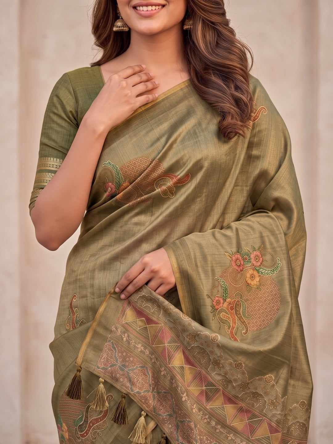Peachmode Khaki Sprig Motif Erode Silk Digital Print Saree With Aari Work And Tassels - Image 3