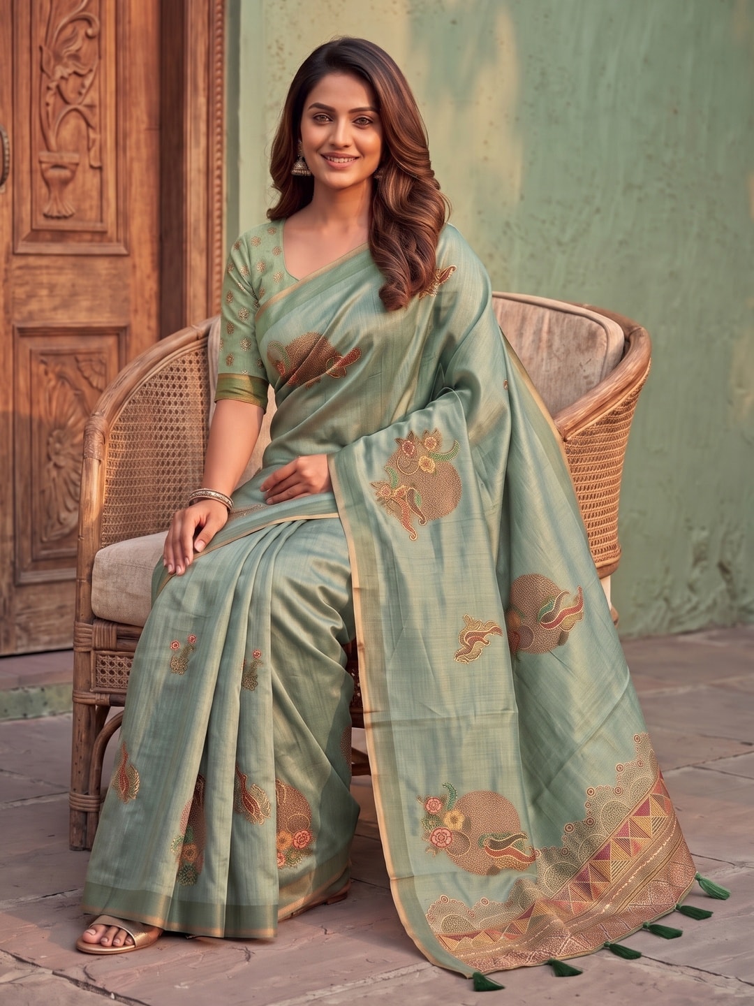 Peachmode Sage Green Sprig Motif Erode Silk Digital Print Saree With Aari Work And Tassels - Image 5