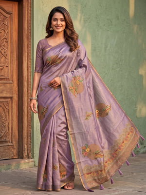 Peachmode Lavender Sprig Motif Erode Silk Digital Print Saree With Aari Work And Tassels - Image 1