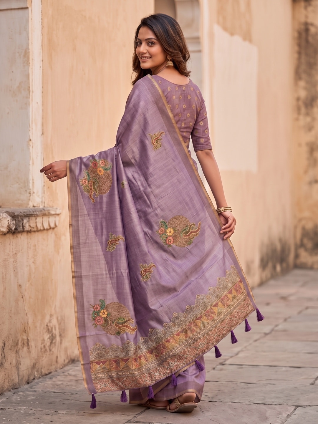 Peachmode Lavender Sprig Motif Erode Silk Digital Print Saree With Aari Work And Tassels - Image 4