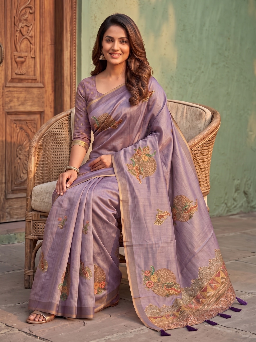 Peachmode Lavender Sprig Motif Erode Silk Digital Print Saree With Aari Work And Tassels - Image 5