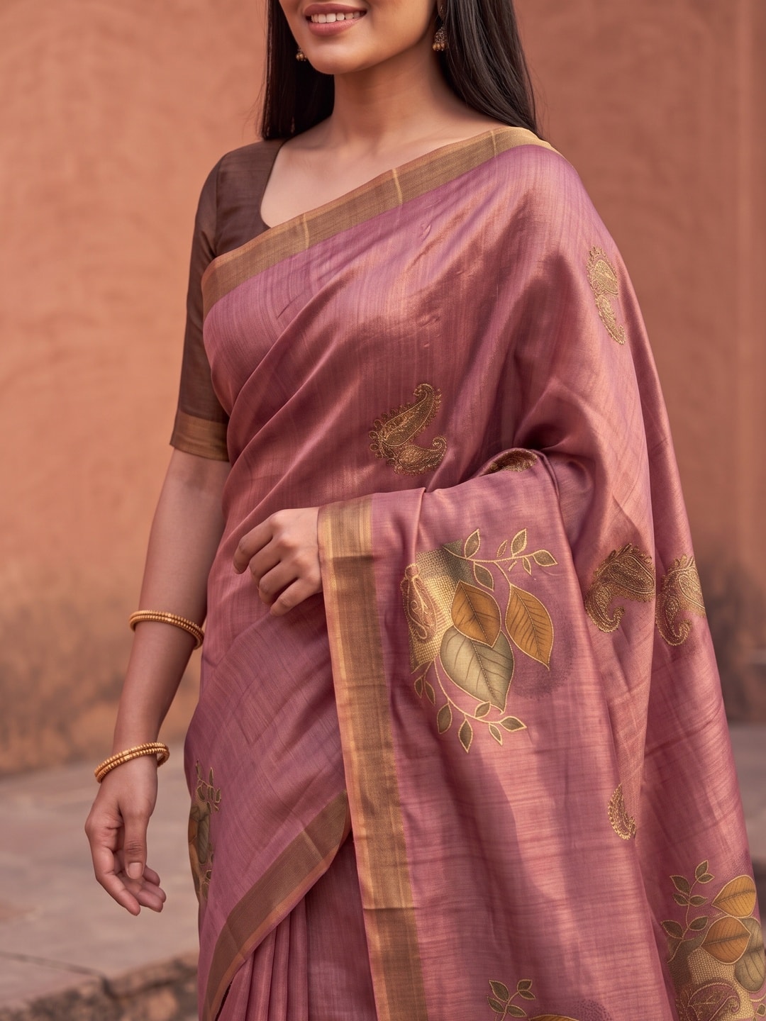 Peachmode Mauve Fruit Patch Erode Silk Digital Print Saree With Aari Work And Tassels - Image 3