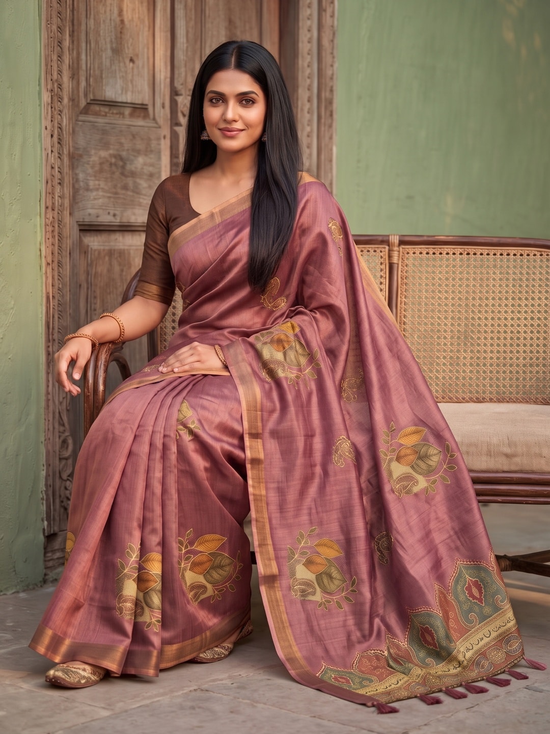 Peachmode Mauve Fruit Patch Erode Silk Digital Print Saree With Aari Work And Tassels - Image 5