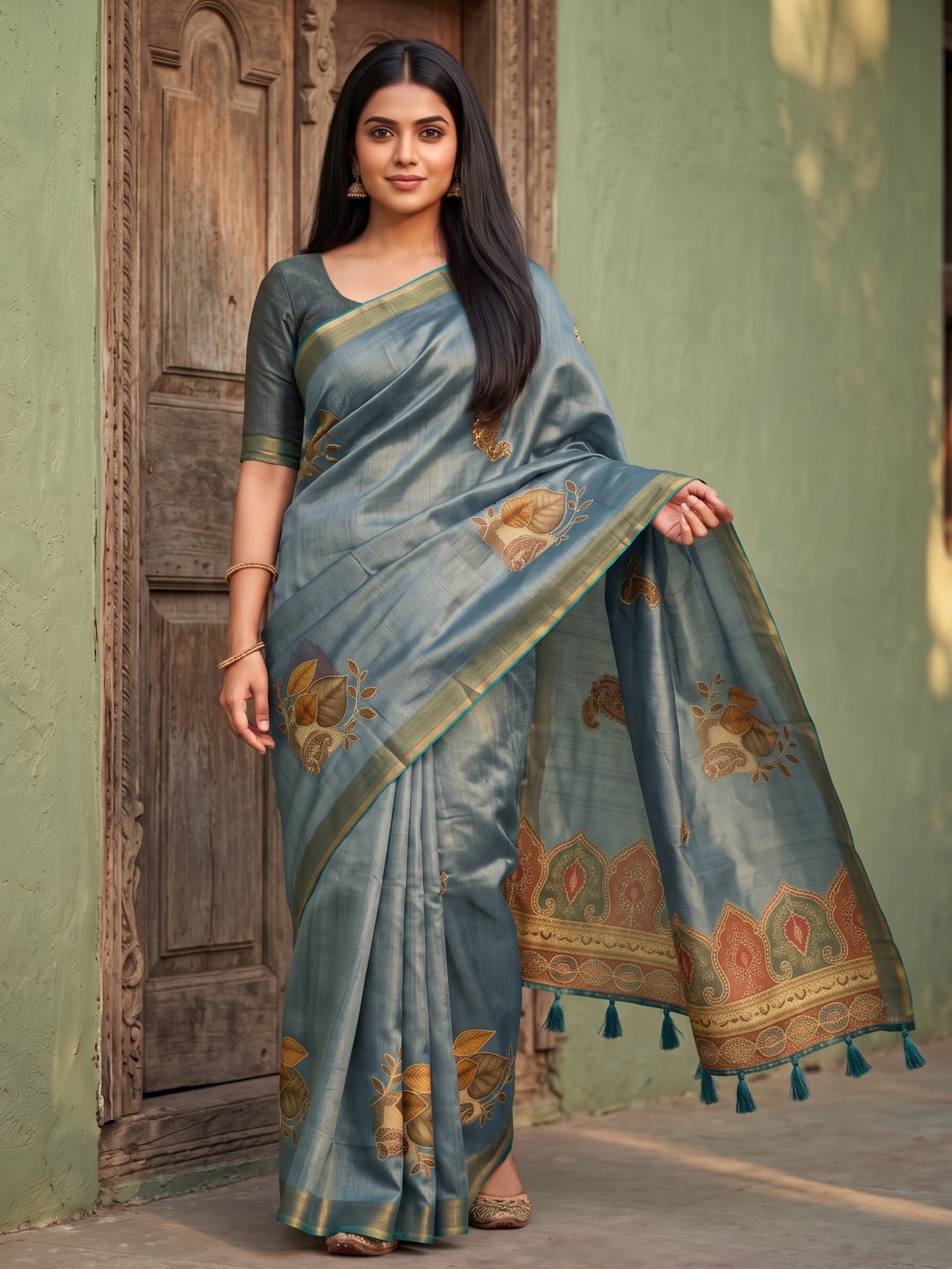 Peachmode Steel Blue Fruit Patch Erode Silk Digital Print Saree With Aari Work And Tassels - Image 1