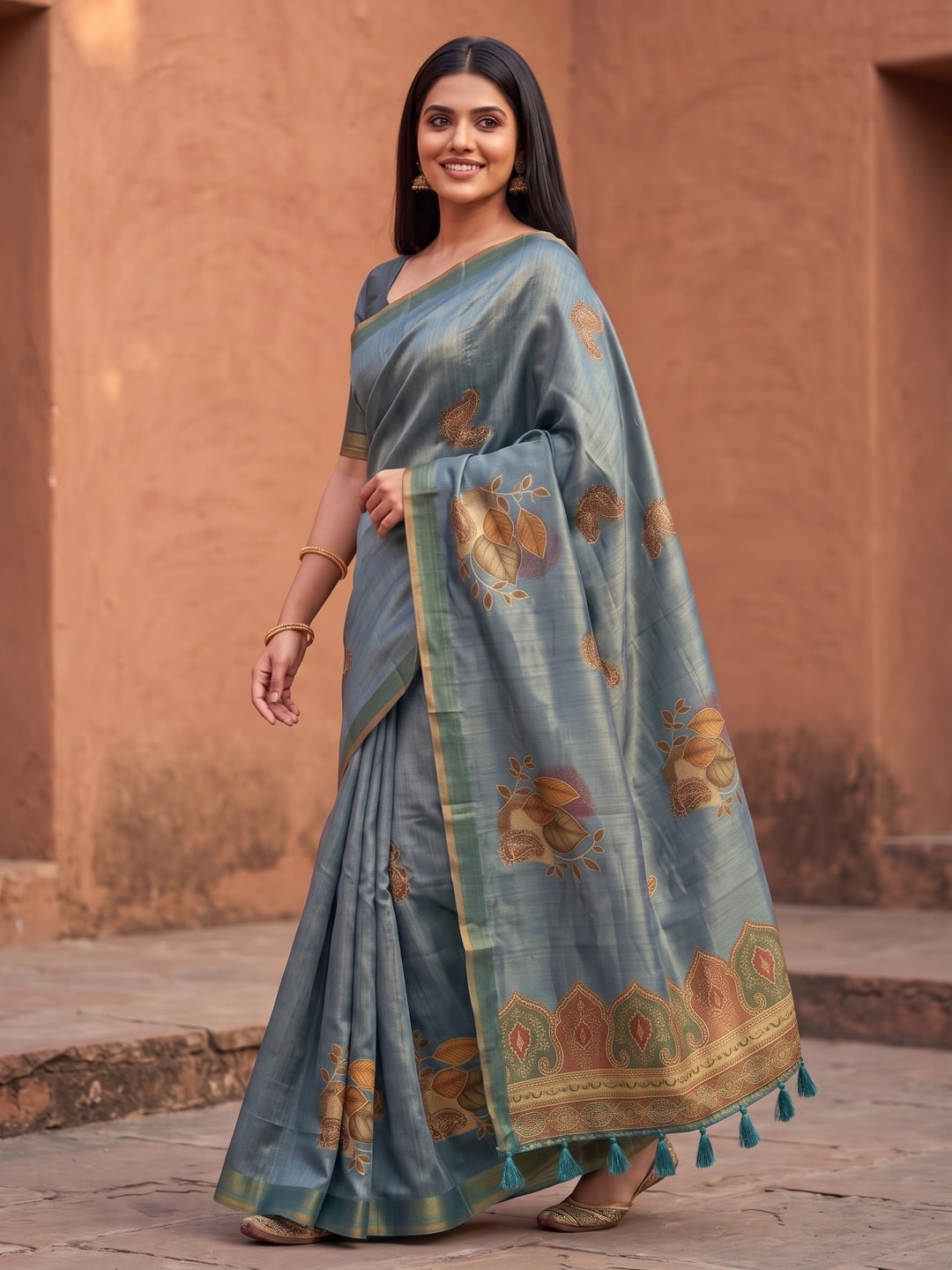 Peachmode Steel Blue Fruit Patch Erode Silk Digital Print Saree With Aari Work And Tassels - Image 2