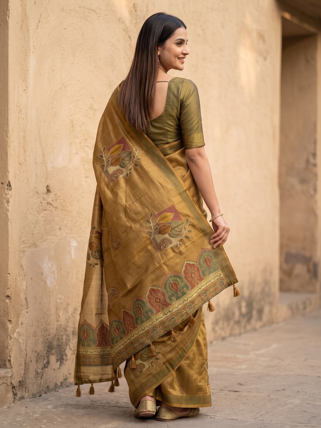 Peachmode Mustard Fruit Patch Erode Silk Digital Print Saree With Aari Work And Tassels - Image 4