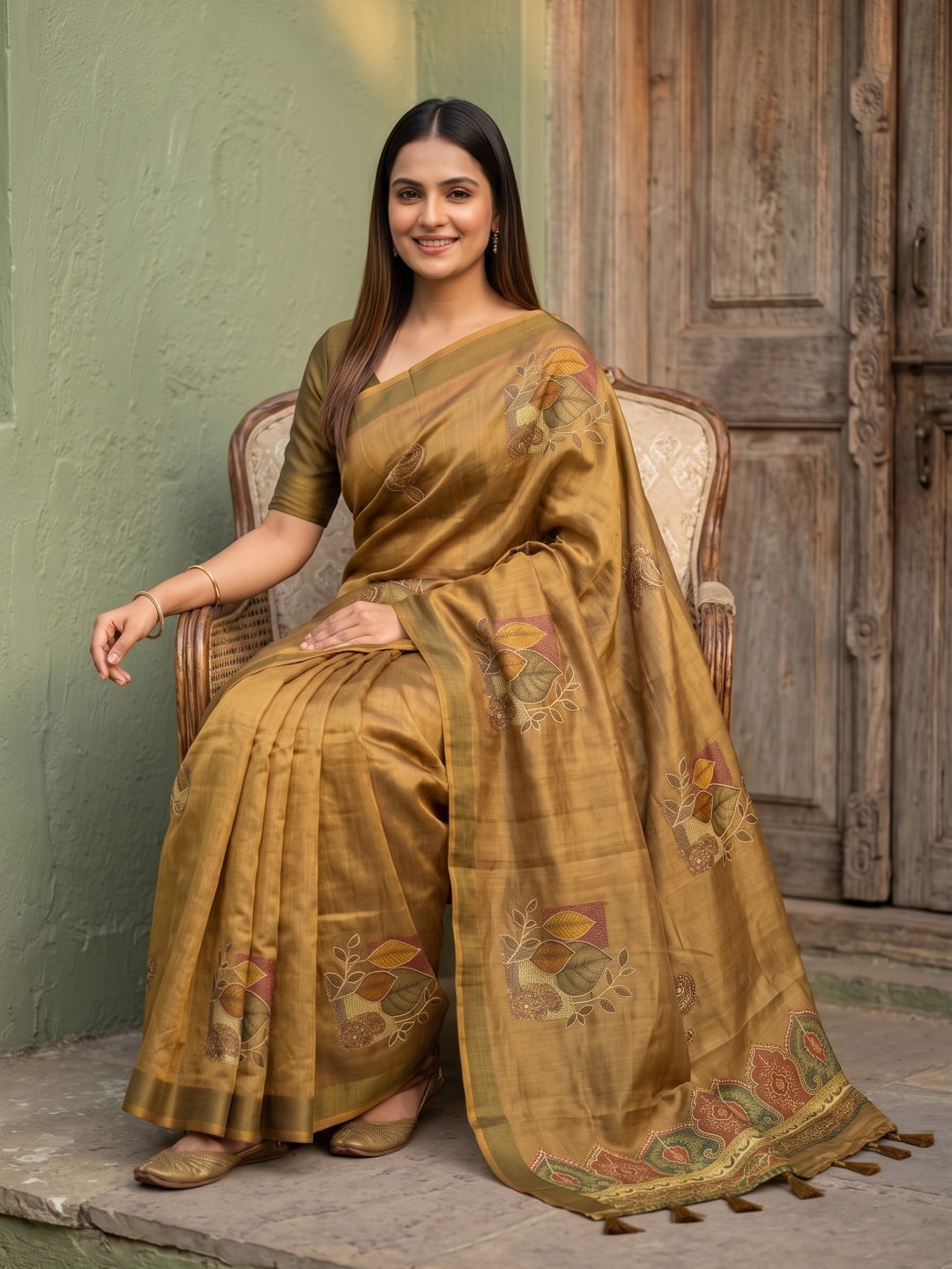 Peachmode Mustard Fruit Patch Erode Silk Digital Print Saree With Aari Work And Tassels - Image 5