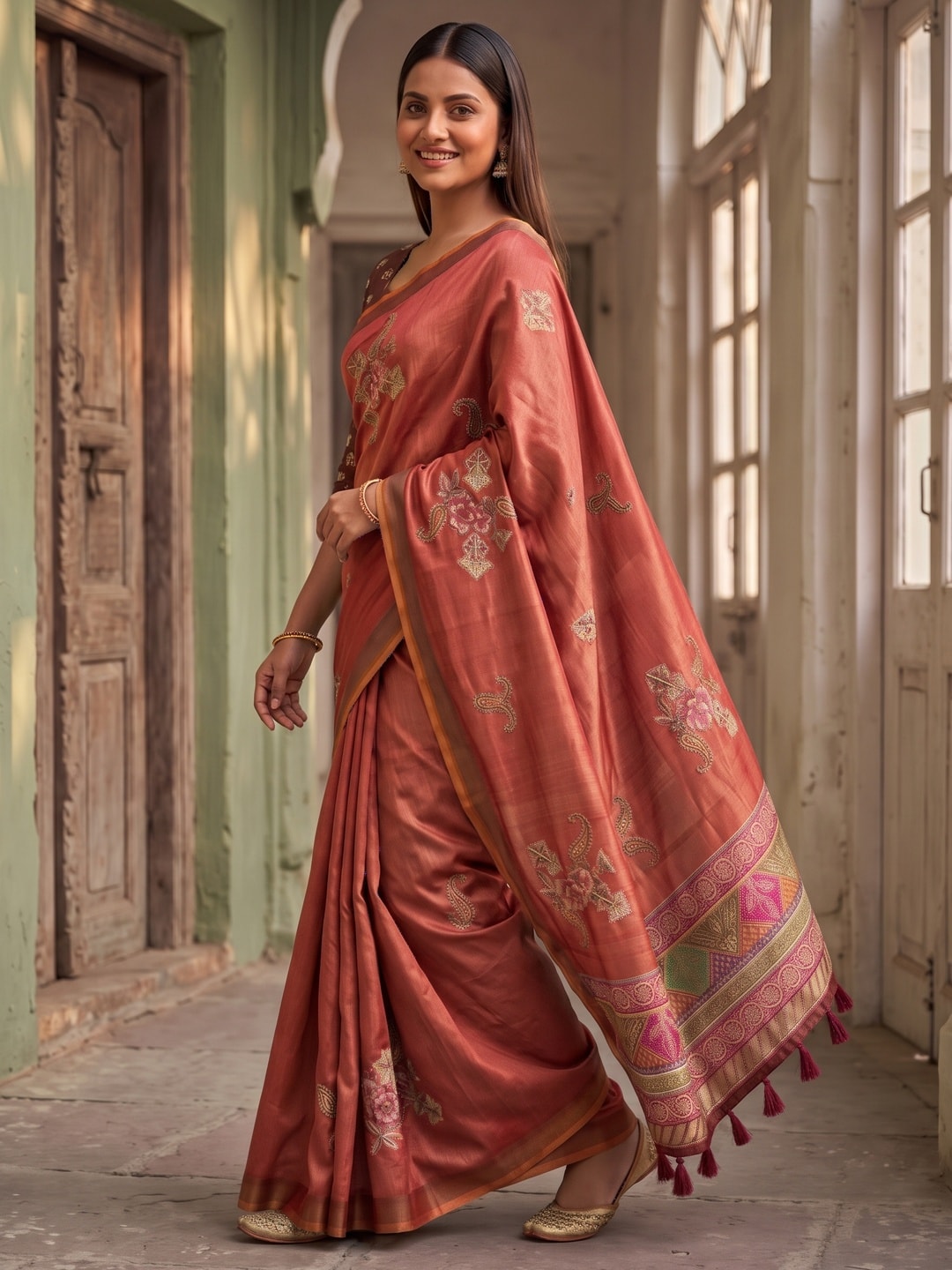 Peachmode Coral Rose Patch Erode Silk Digital Print Saree With Aari Work And Tassels - Image 2