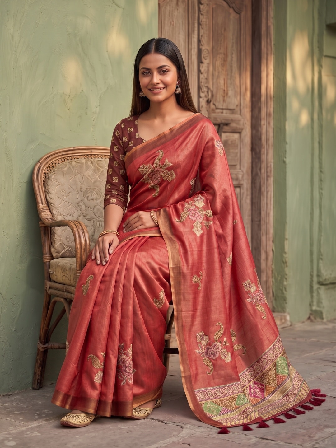 Peachmode Coral Rose Patch Erode Silk Digital Print Saree With Aari Work And Tassels - Image 5