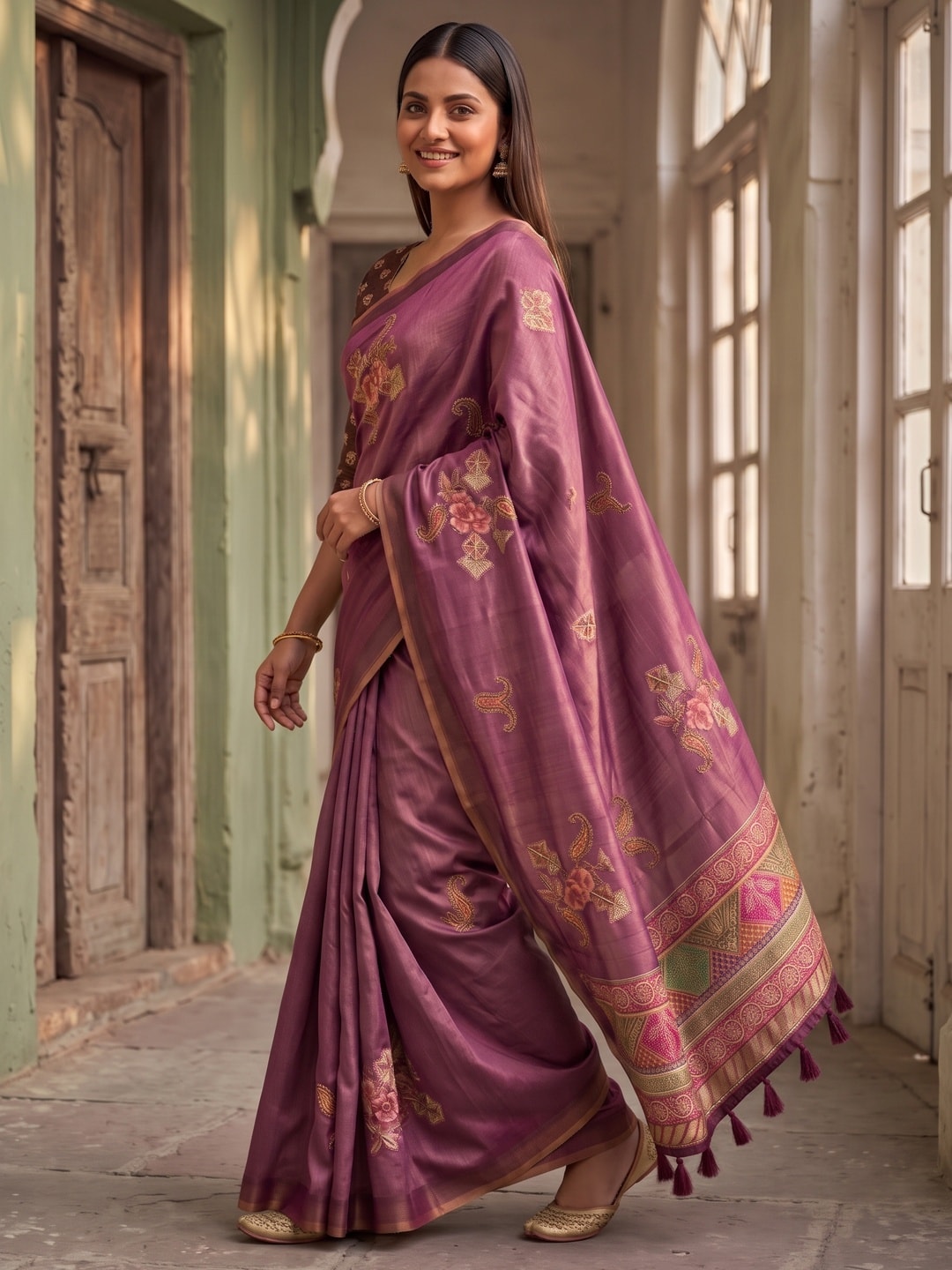Peachmode Magenta Rose Patch Erode Silk Digital Print Saree With Aari Work And Tassels - Image 2