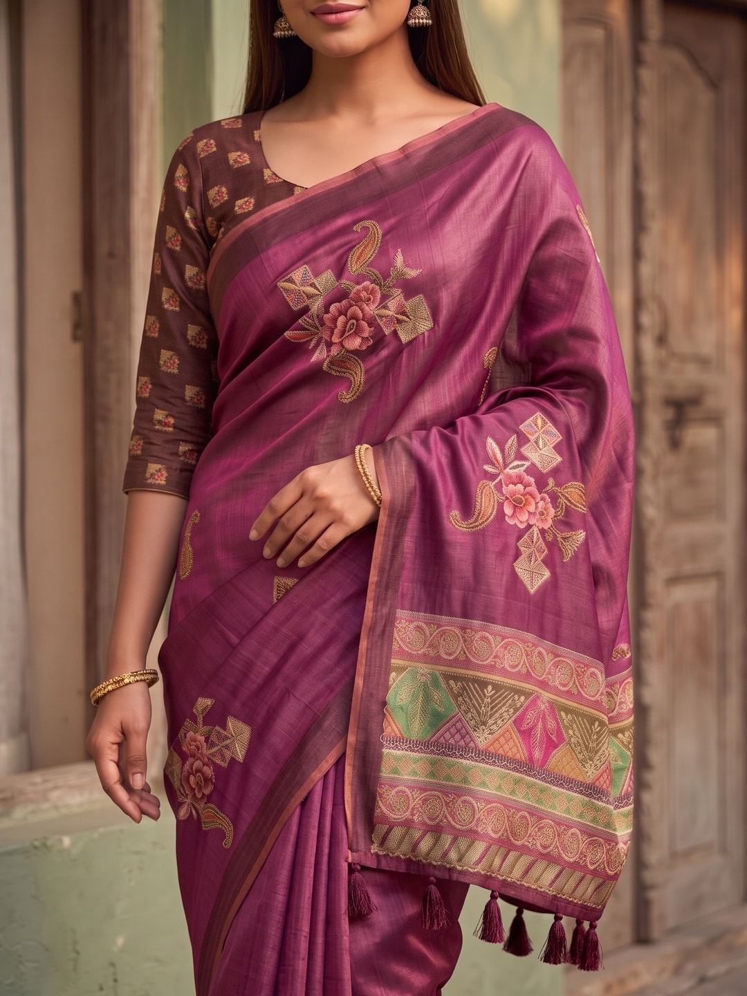 Peachmode Magenta Rose Patch Erode Silk Digital Print Saree With Aari Work And Tassels - Image 3