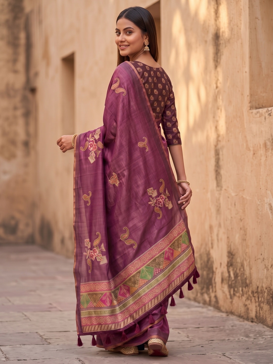 Peachmode Magenta Rose Patch Erode Silk Digital Print Saree With Aari Work And Tassels - Image 4