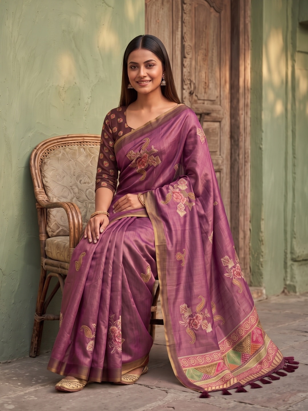 Peachmode Magenta Rose Patch Erode Silk Digital Print Saree With Aari Work And Tassels - Image 5