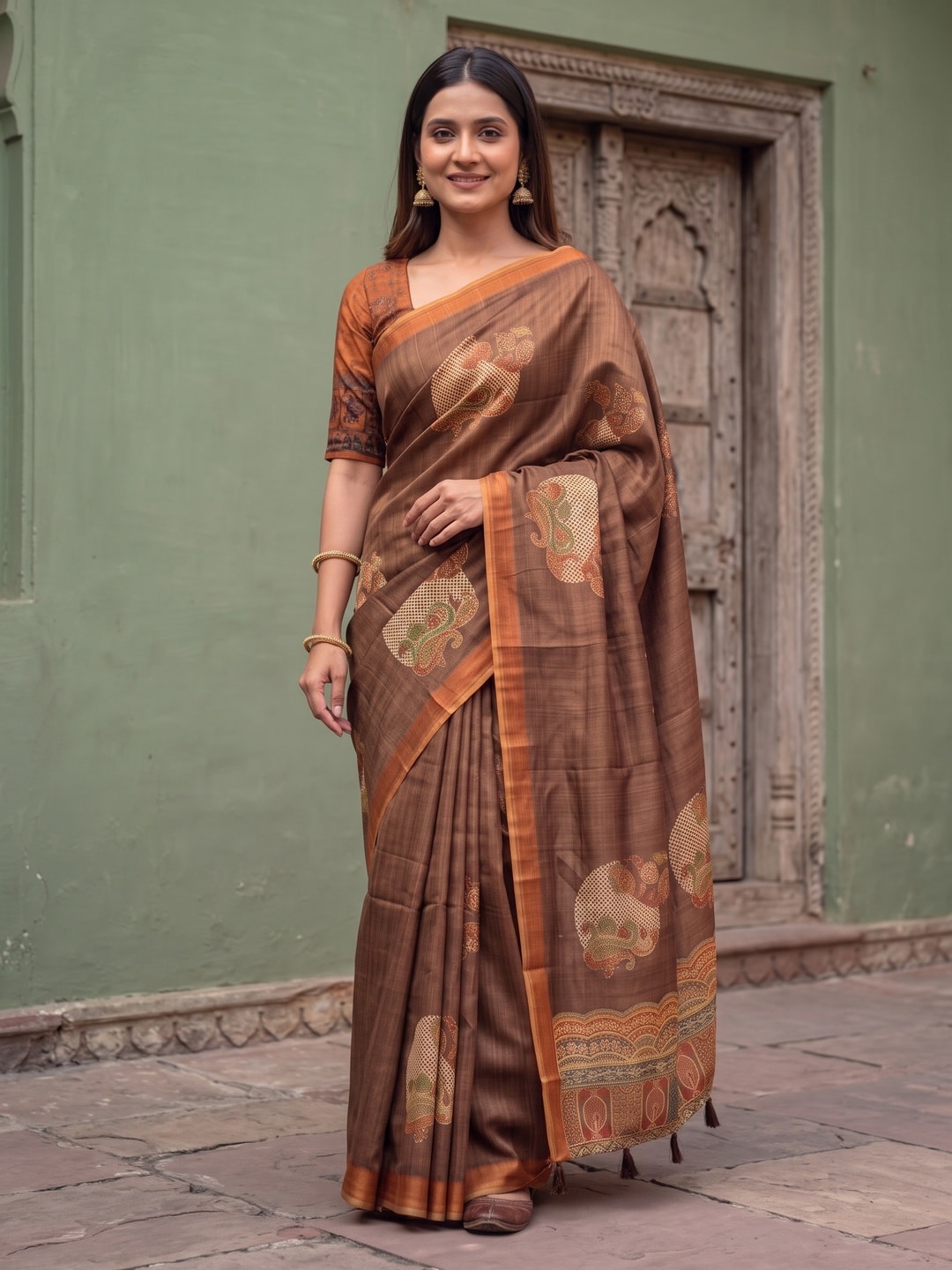 Peachmode Coffee Brown Floral Patch Erode Silk Digital Print Saree With Aari Work And Tassels - Image 1