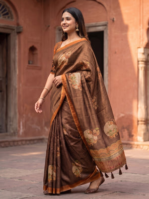 Peachmode Coffee Brown Floral Patch Erode Silk Digital Print Saree With Aari Work And Tassels - Image 2