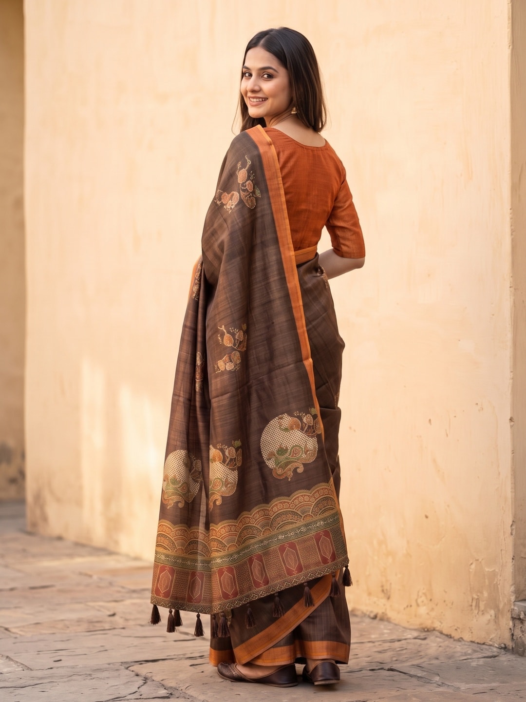 Peachmode Coffee Brown Floral Patch Erode Silk Digital Print Saree With Aari Work And Tassels - Image 4