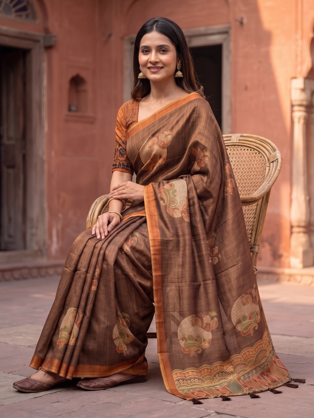 Peachmode Coffee Brown Floral Patch Erode Silk Digital Print Saree With Aari Work And Tassels - Image 5