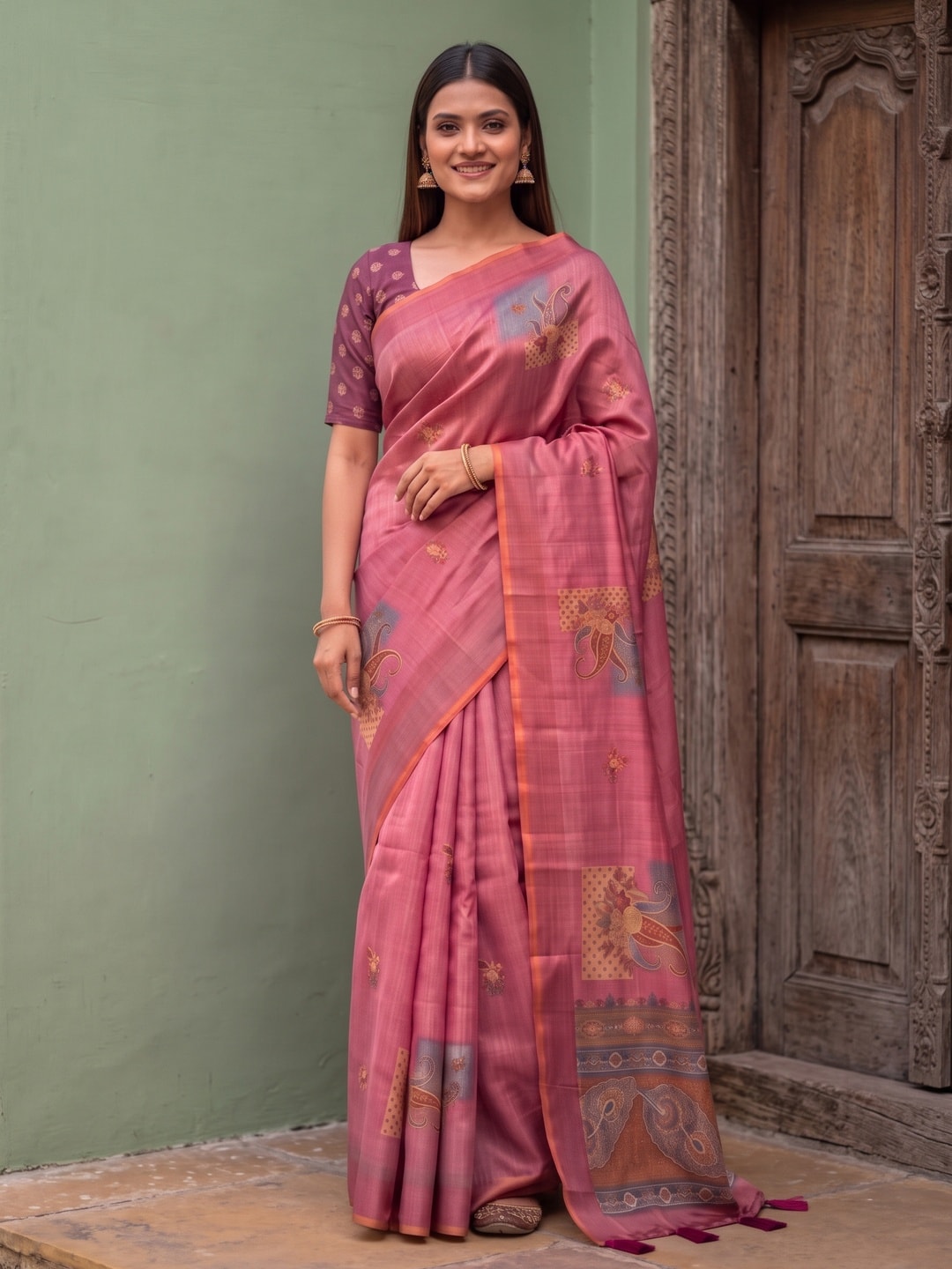 Peachmode Pink Square Patch Erode Silk Digital Print Saree With Aari Work And Tassels - Image 1