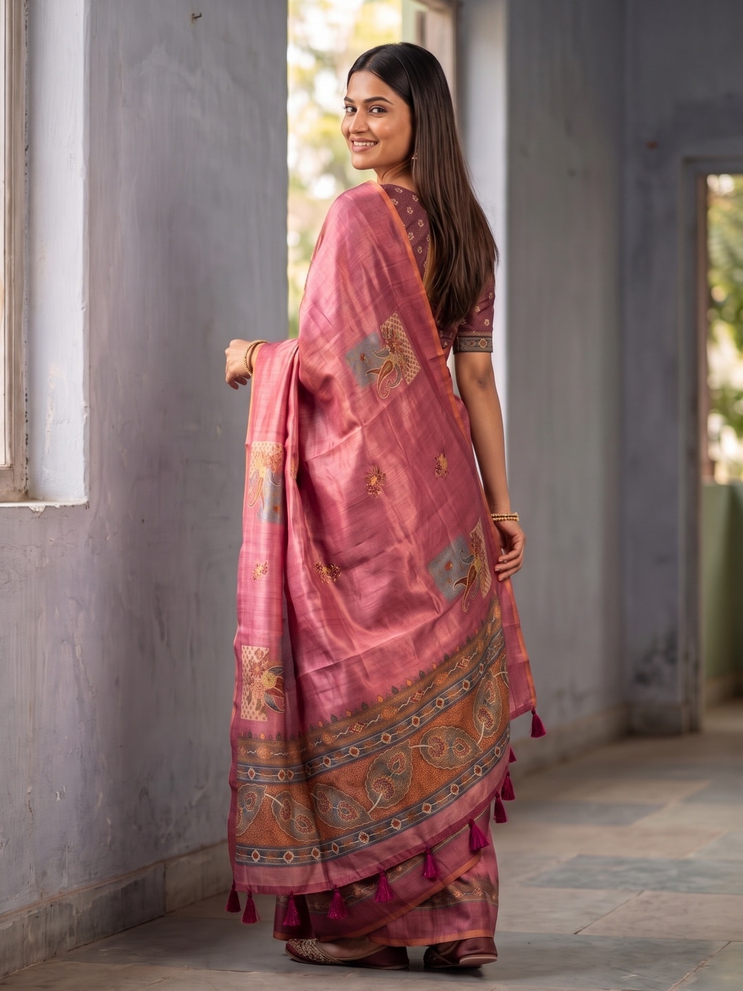 Peachmode Pink Square Patch Erode Silk Digital Print Saree With Aari Work And Tassels - Image 4