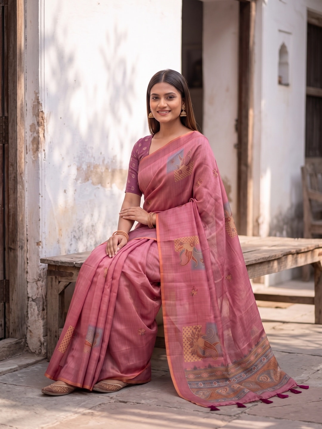 Peachmode Pink Square Patch Erode Silk Digital Print Saree With Aari Work And Tassels - Image 5
